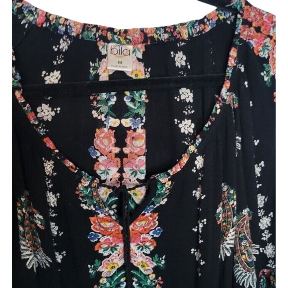 Boho Floral Print Peasant Blouse By Bila M Black Short Sleeves Ruffle Hem Lightw - Picture 2 of 4